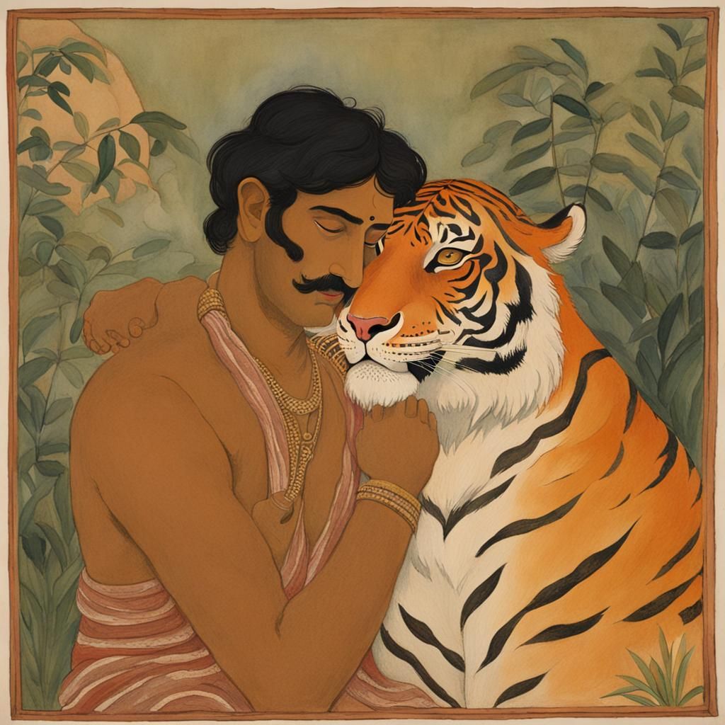 Indian Man and Tiger in Gouache Style