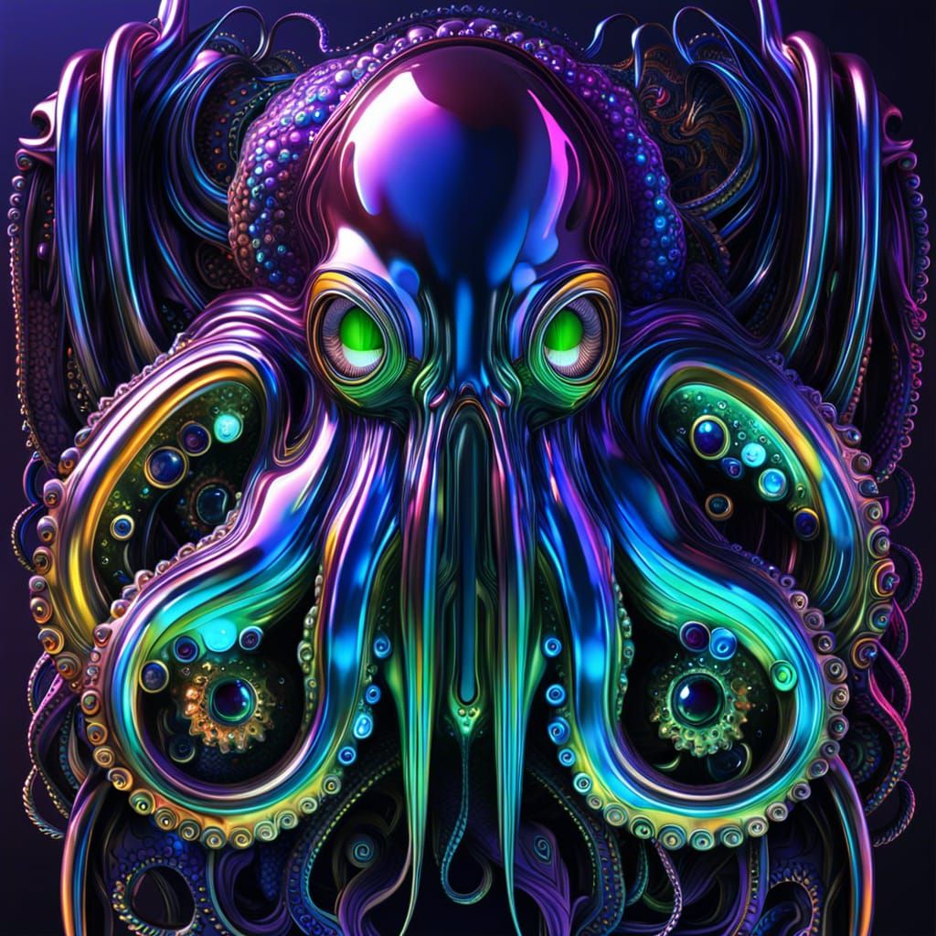 Liquid Chrome Octopus Portrait in Cyberpunk Style