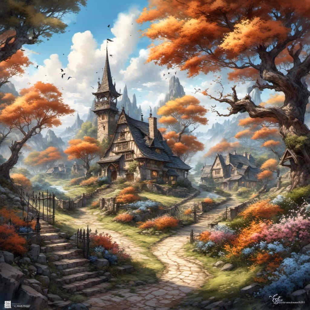Enchanting Witch Village with Blossoming Trees