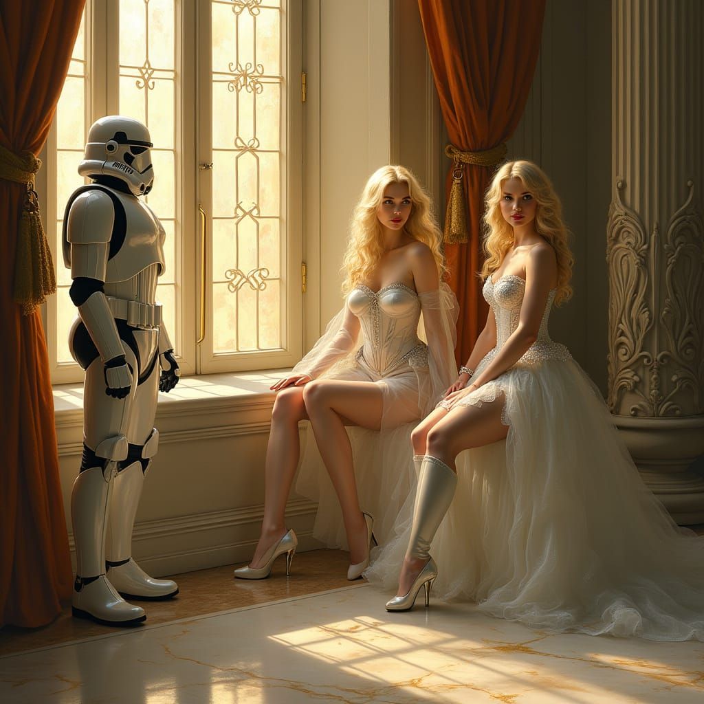 Elegant Sisters by Ornate Window in Opulent Mansion Oil Pain...