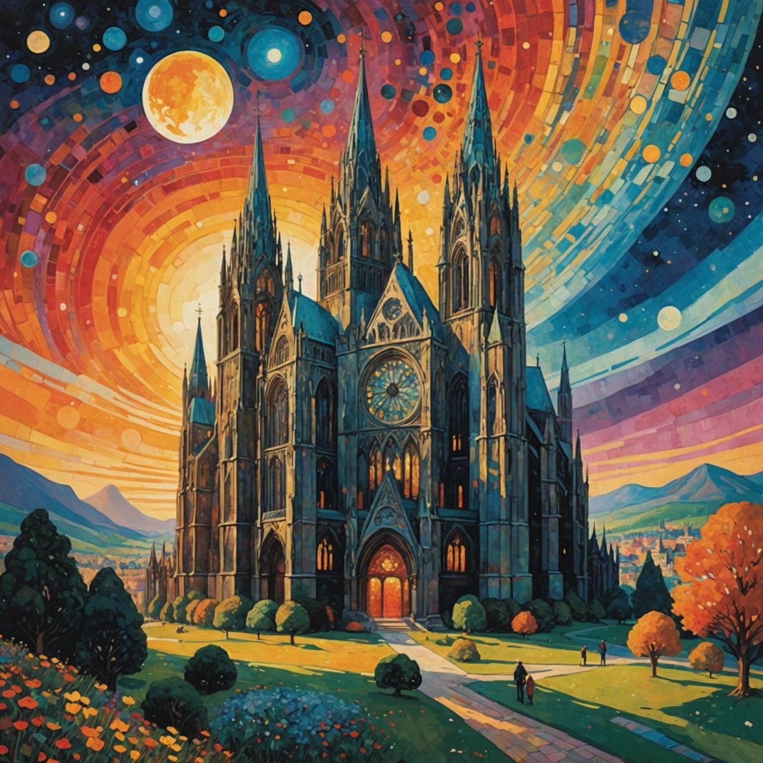 Cosmic Gothic Cathedral Landscape in Vintage Style