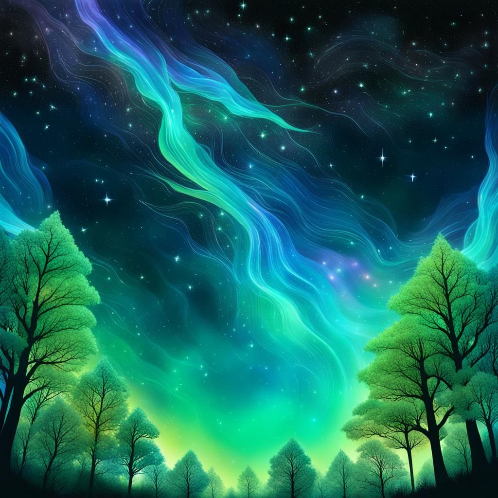 Green Trees with Ethereal Leaves in Astral Illustration