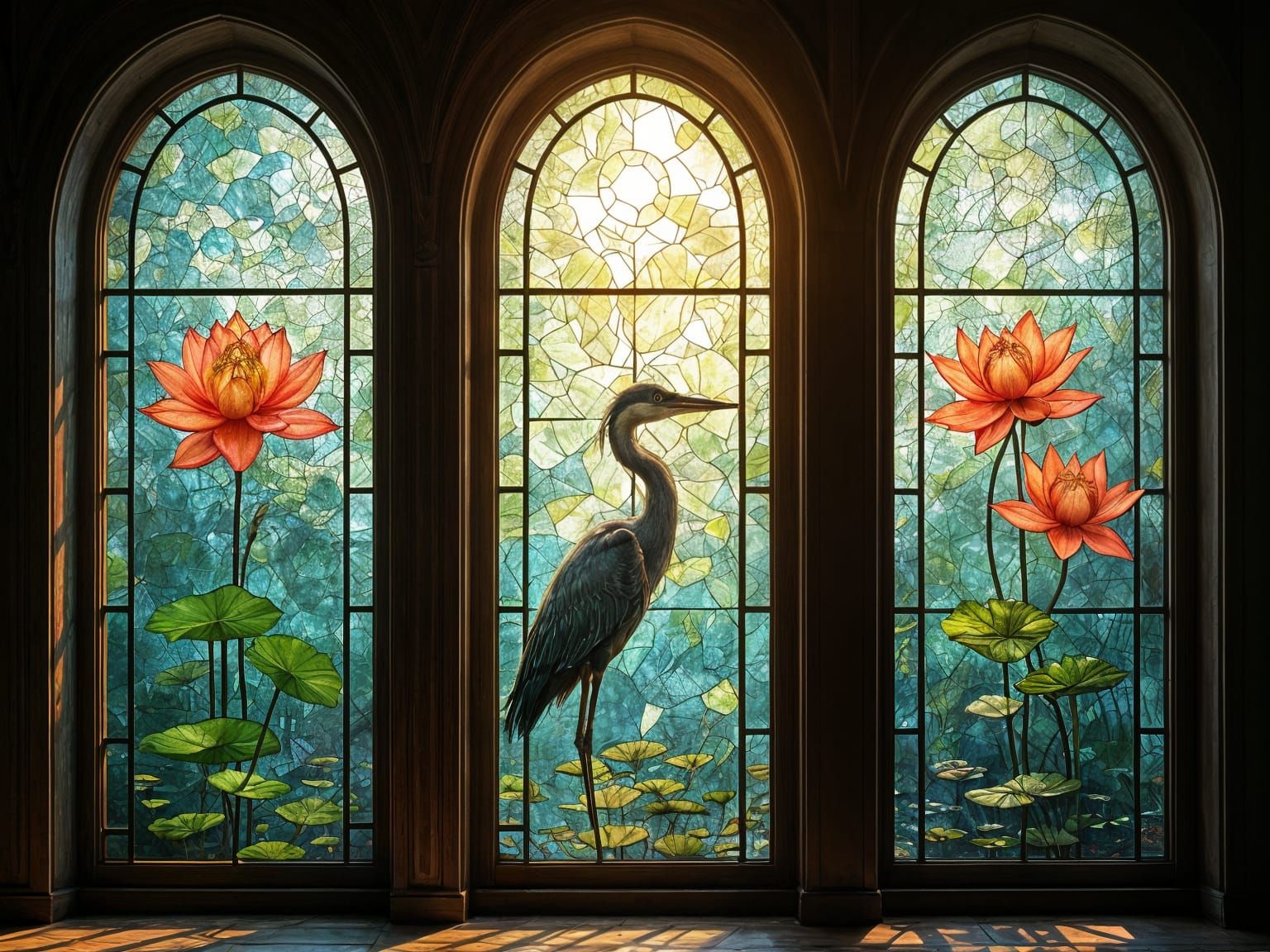 Iridescent Stained Glass Triptych with Lotus Blooms