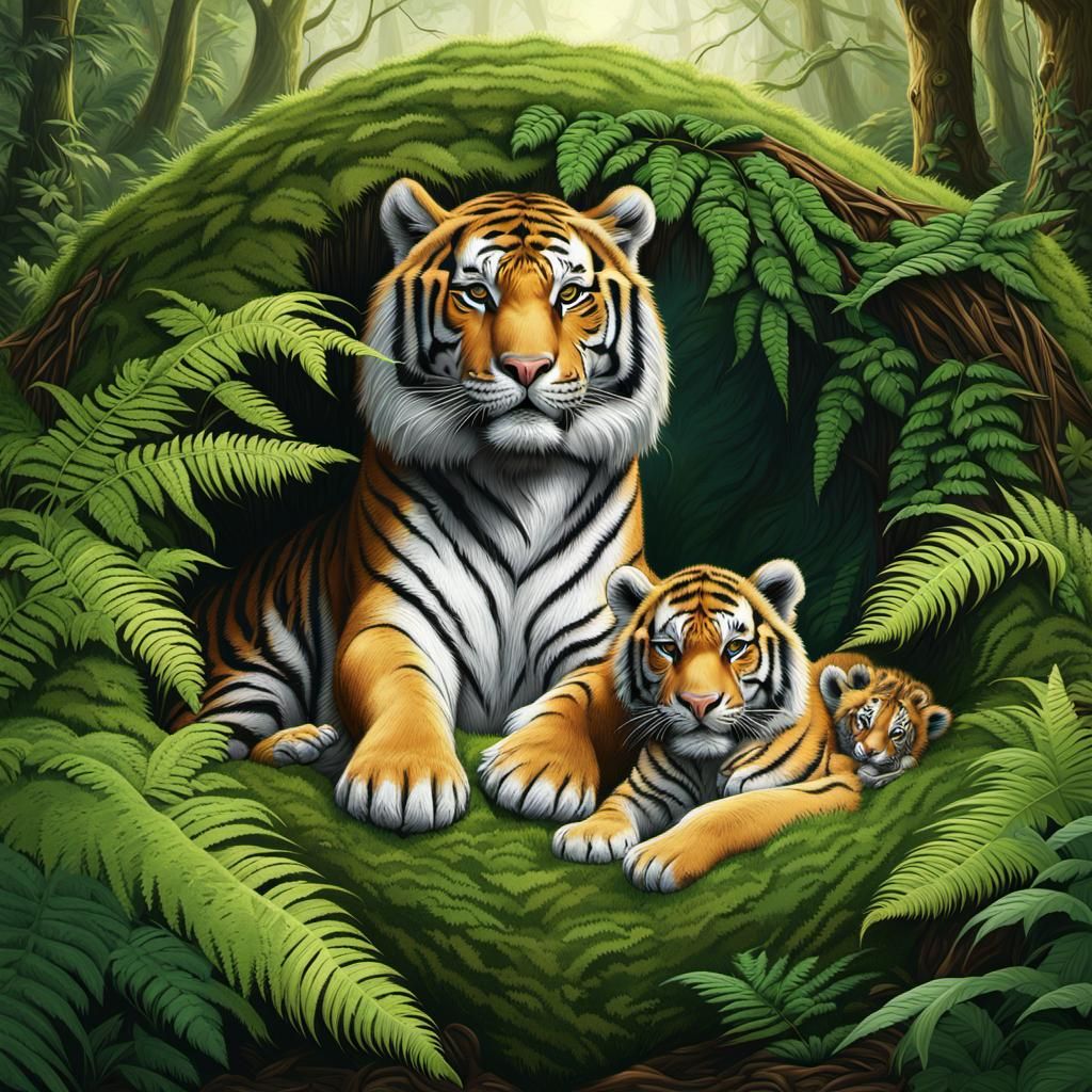 Tiger Family in Cozy Den: Detailed Matte Painting