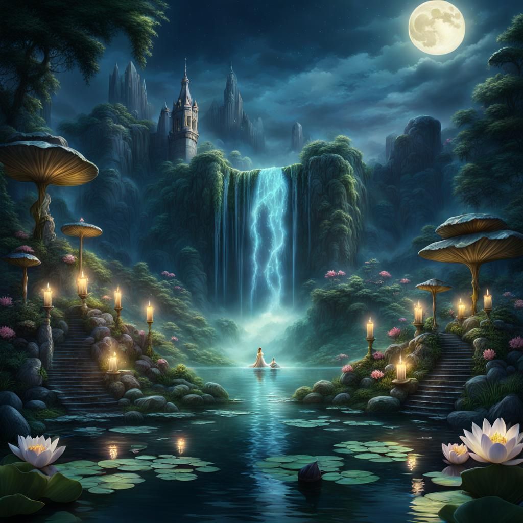 Moonlit Princess and Merman at Water Lilied Lake