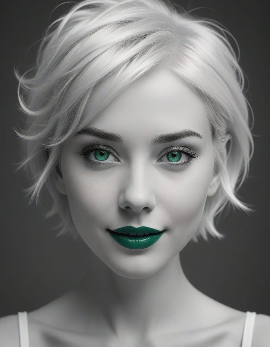 Monochrome Pixie Portrait with Emerald Green Accents