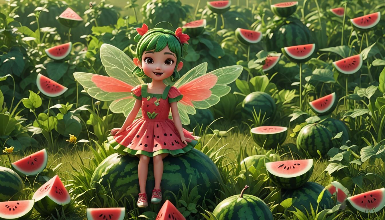 Watermelon Pixie in Grassy Field, 3D Digital Art