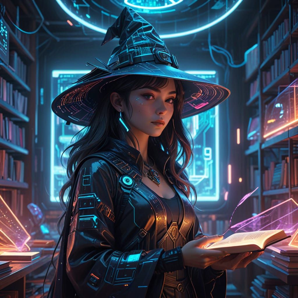 Cyberpunk Witch in Futuristic Library