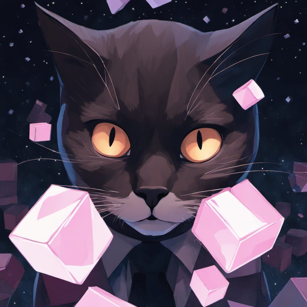 Anime Tuxedo Cat Portrait with Floating Cubes