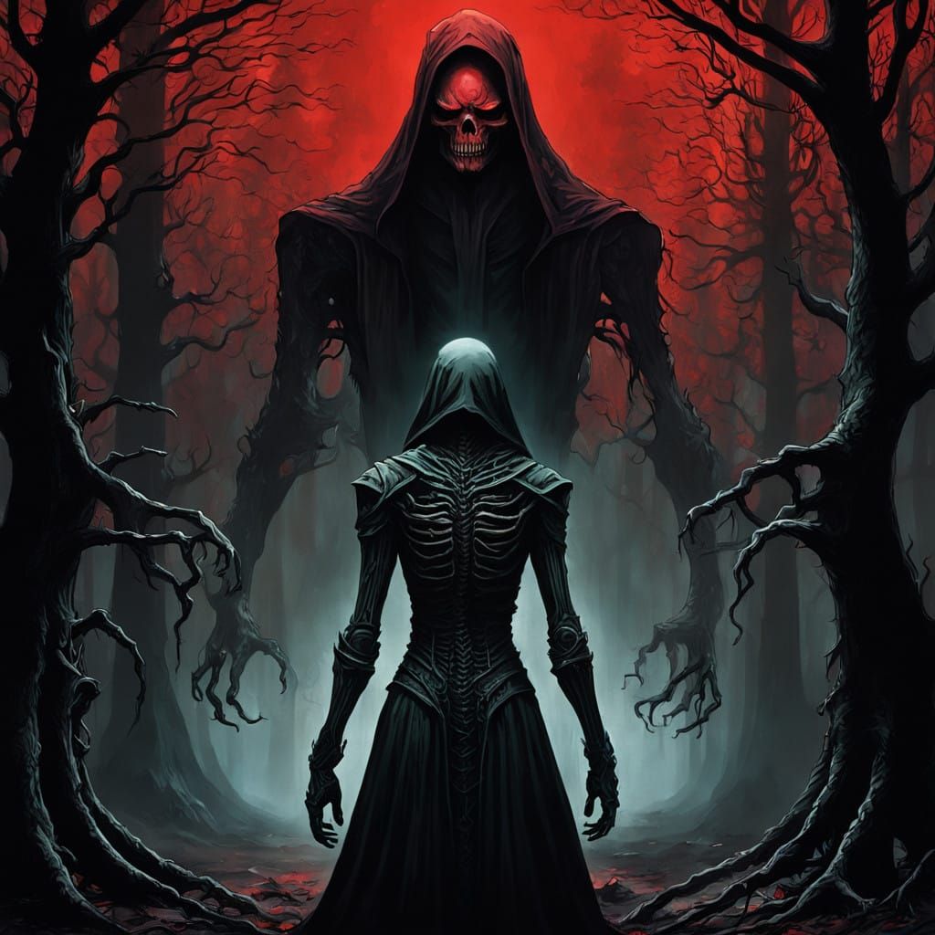 Mysterious Figure Meets Dark Entity in Twisted Forest