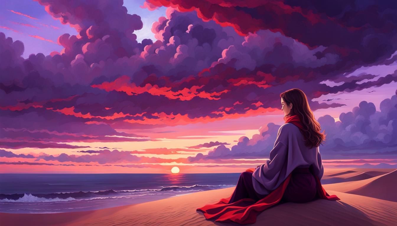 Woman Watching Sunset on Dune, Anime Oil Painting