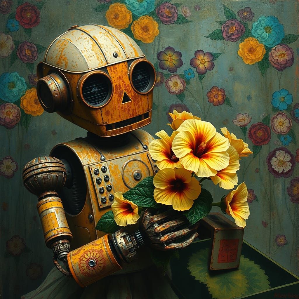 Robot with Petunias in Klimt Inspired Style