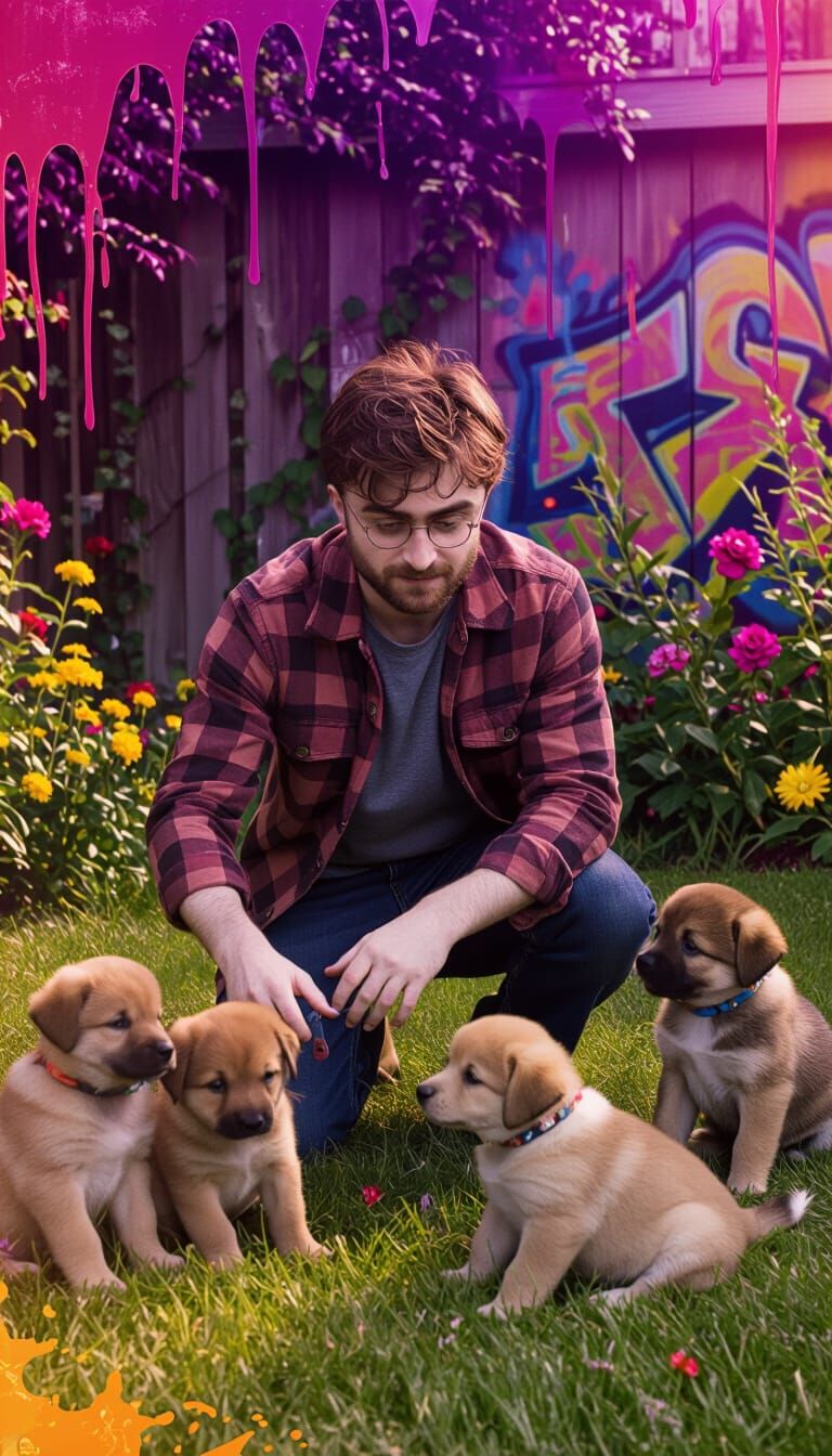 Man Plays with Puppies in Graffiti Garden