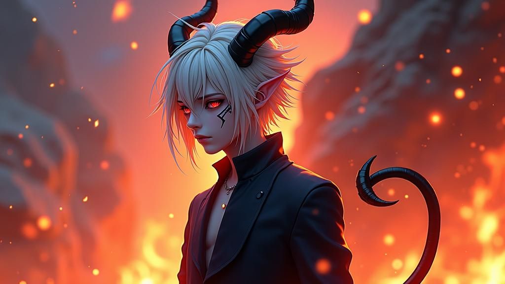 Warm Anime Wight Devil with Fiery Backdrop