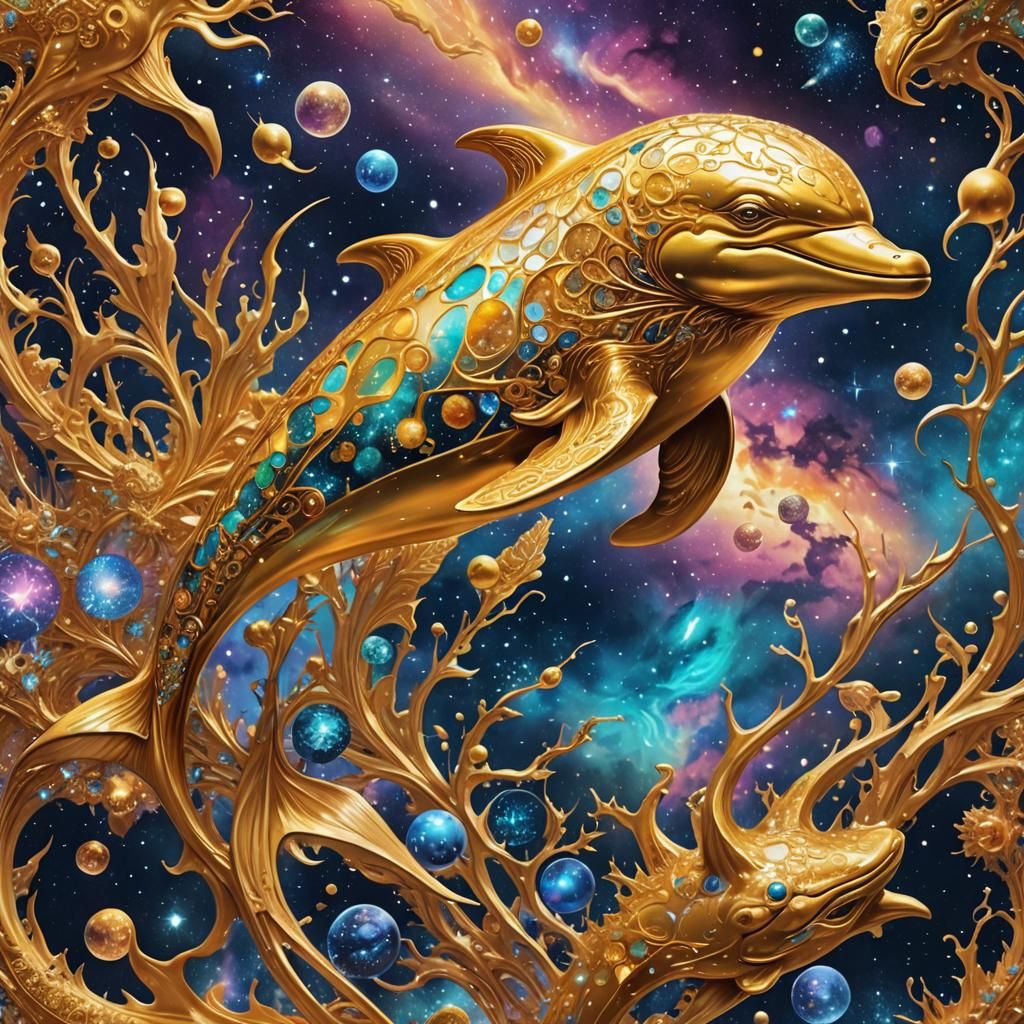 Golden Dolphin in Astral Dreamscape