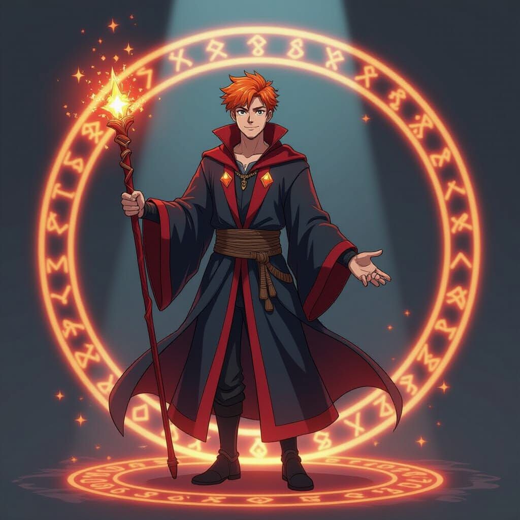 Orange Haired Wizard with Magic Circle, Anime Style