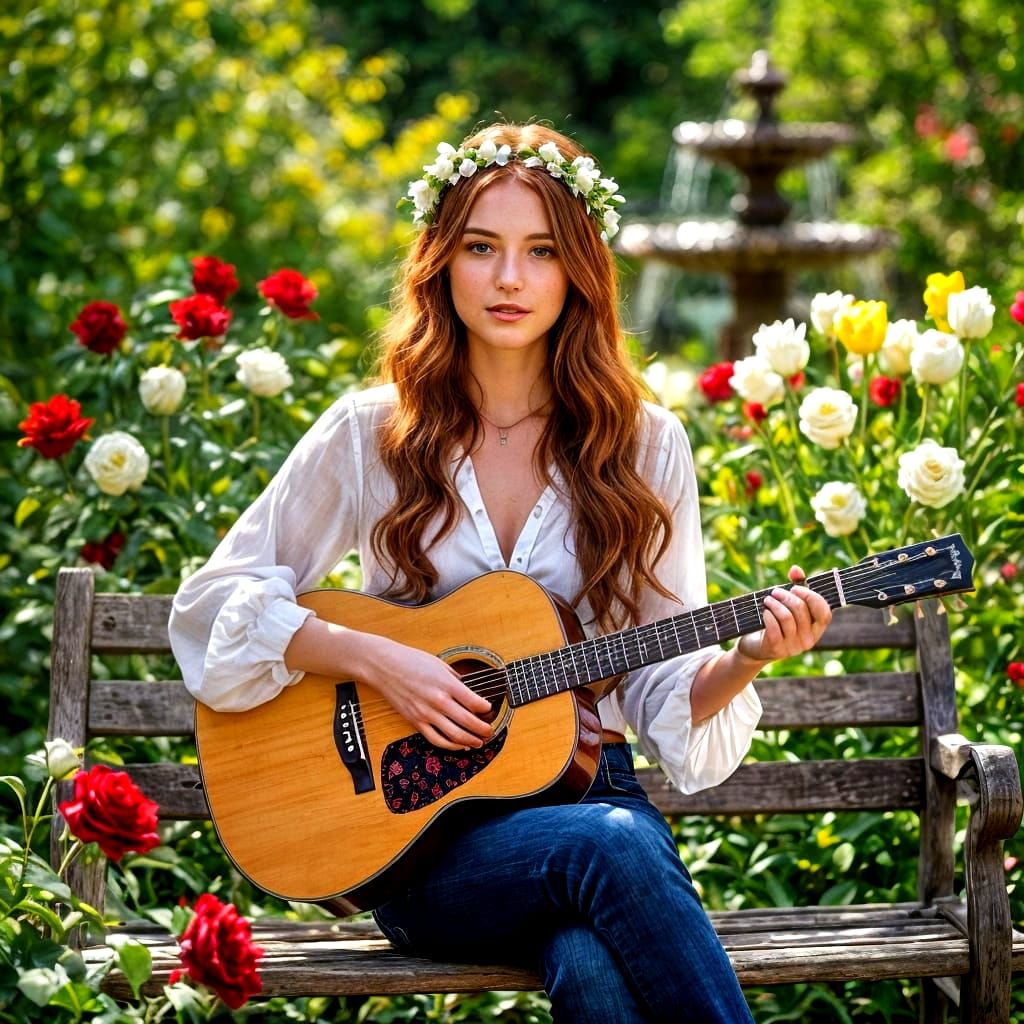 Woman Plays Guitar in Rose Garden