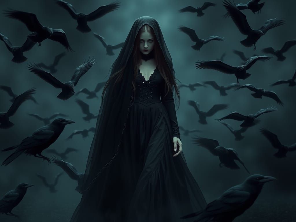 Mysterious Woman Surrounded by Crows in Dramatic Lighting