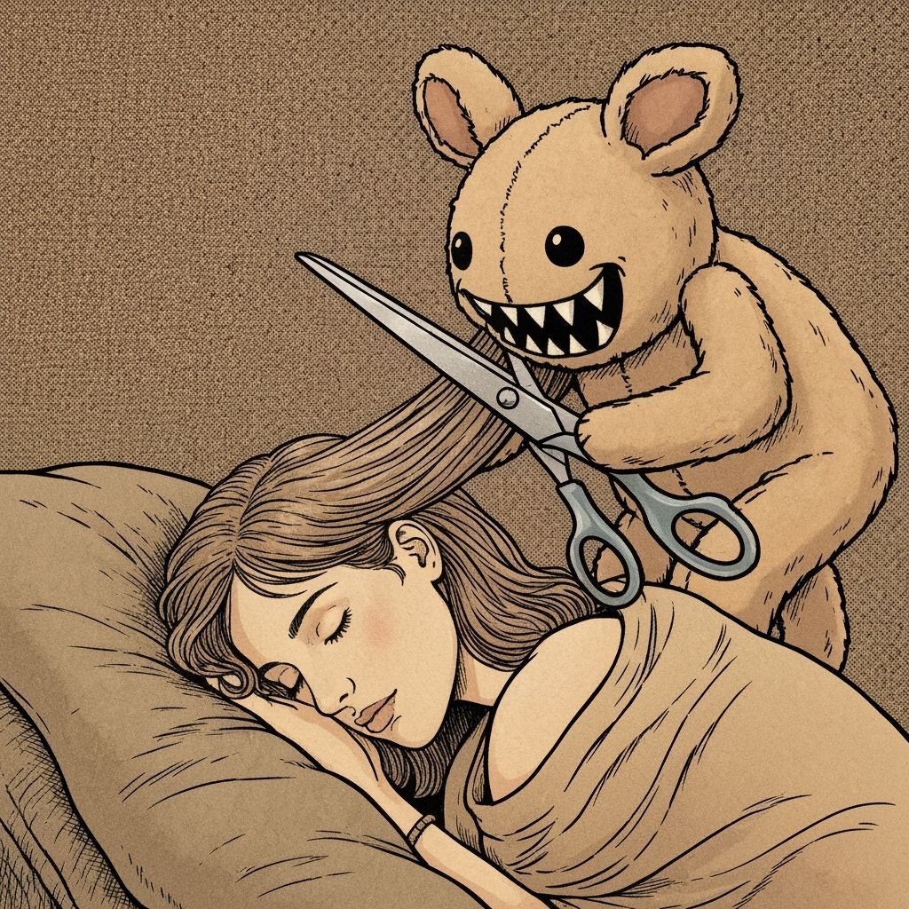 Horror Scene: Evil Stuffed Animal Cuts Sleeping Woman's Hair