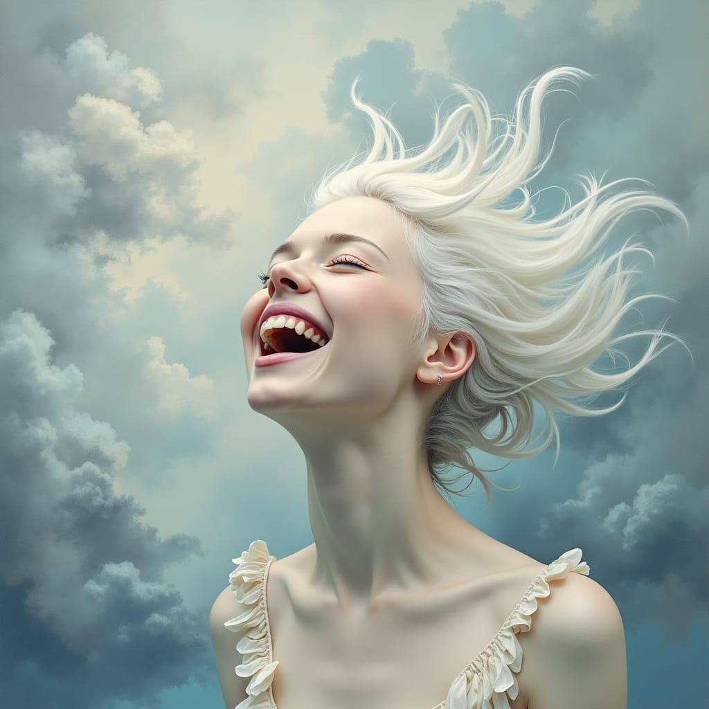 Albino Woman Laughing in Wind: Dreamy Ethereal Portrait
