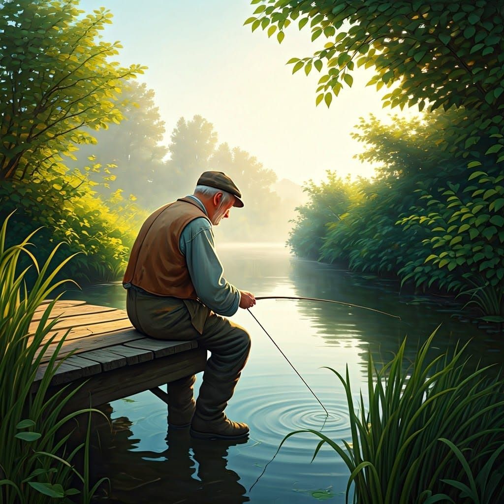 Whimsical Fishing Scene in Earthy, Dreamlike Style