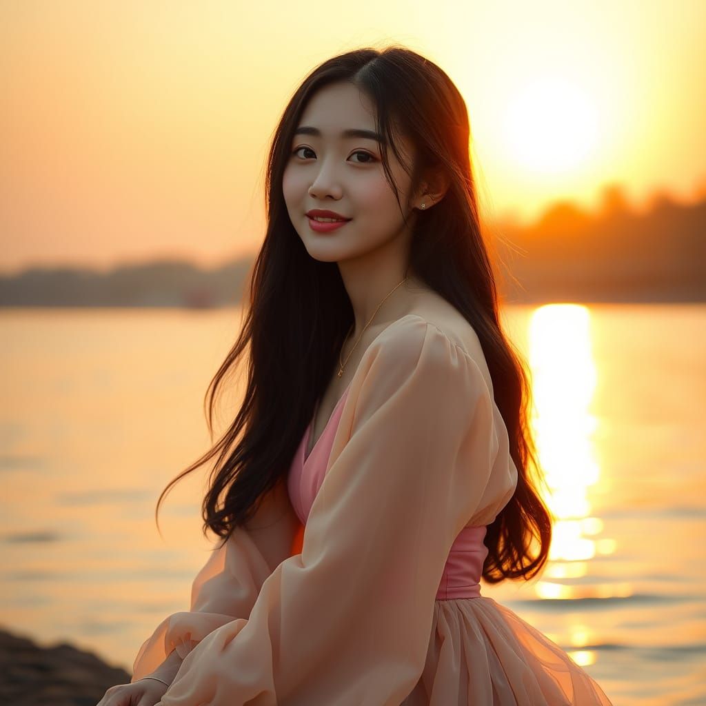 Korean Woman Sits Serene on Riverbank at Sunset