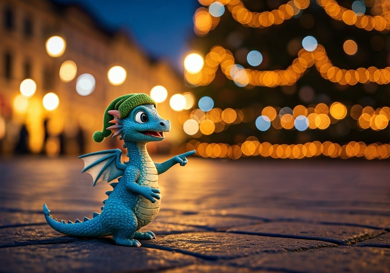 Joyful Blue Dragon in Christmas Town Square