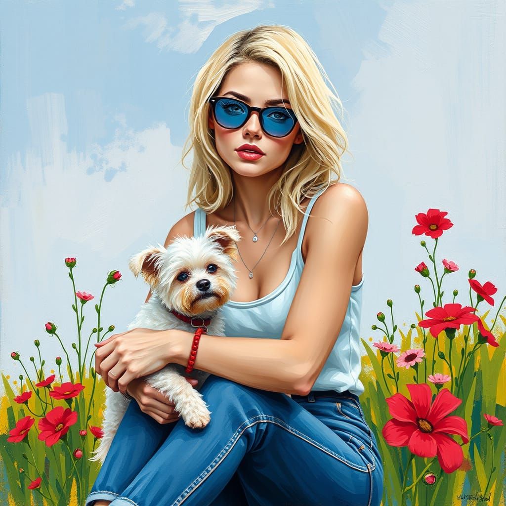 Expressive Girl with Dog in Expressionist Style