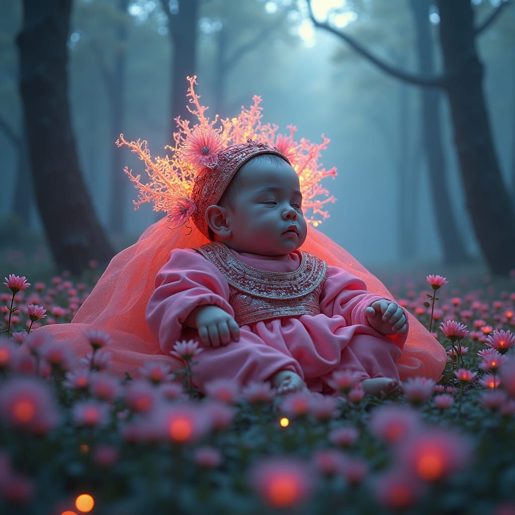 Mystical Infant in Ethereal Fantasy Landscape