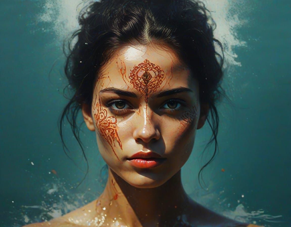 Surreal Portrait Warrior in a Glitchy Oceanic Landscape