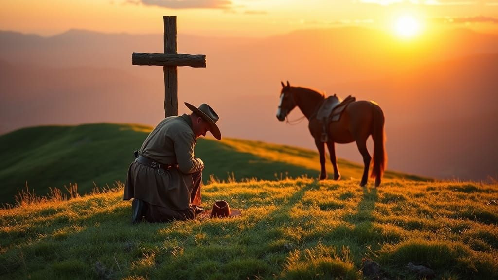 Cowboy in Prayer at Sunrise on a Hill
