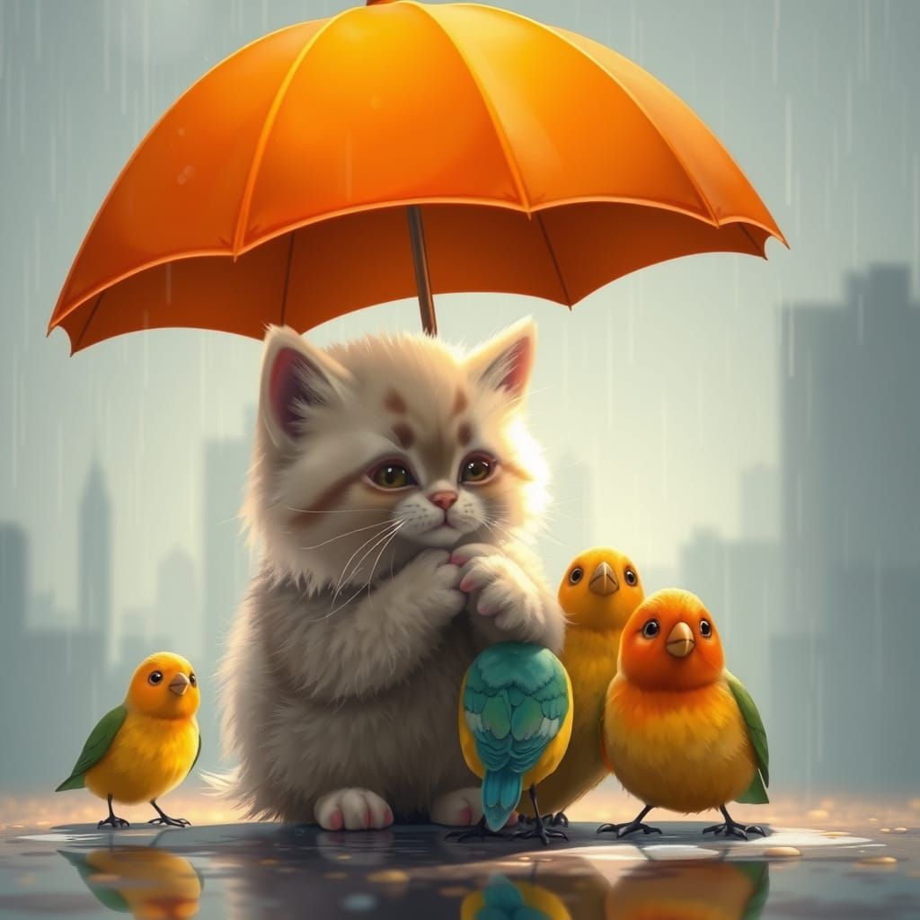 Adorable Kitten & Birds Under Umbrella in Gentle Rain