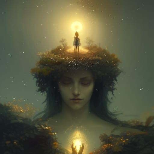 Mother earth, with a crown of stars on her head a masterpiece, 8k resolution, dark fantasy concept art, by Greg Rutkowsk...