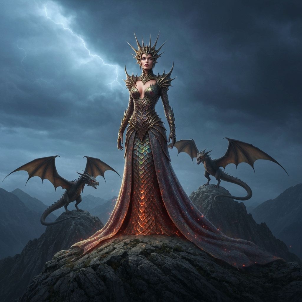 Dragon Queen on Mountain Peak in Epic Fantasy Style