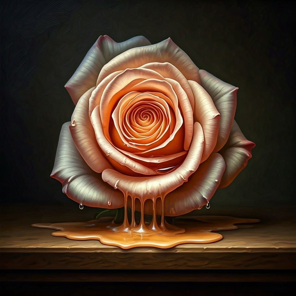 Melted Rose with Water Droplets in Oil Painting Style
