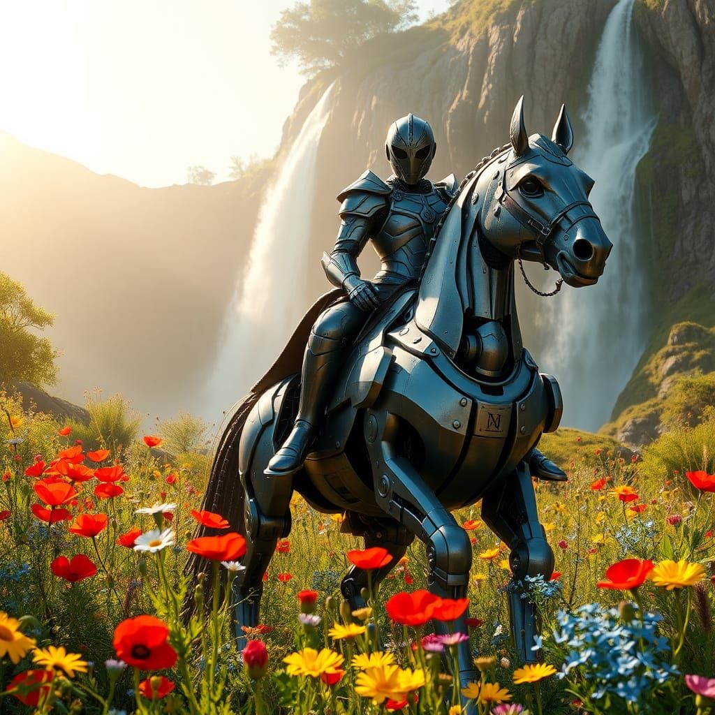 Robot Warrior Rides Horse Robot Amidst Floral Waterfall