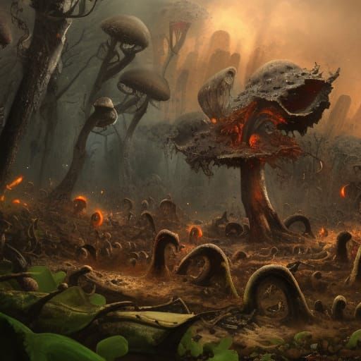 Mushroom Humanoids Battle Clearcutting Equipment