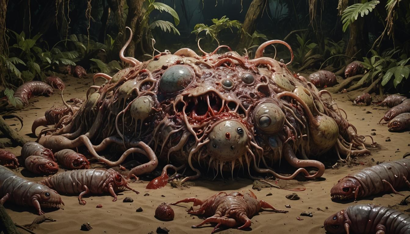 Photorealistic Amorphous Horror Battles in the Jungle