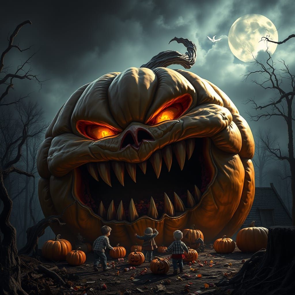 Monstrous Pumpkin Devours Children in Dark Fantasy Art