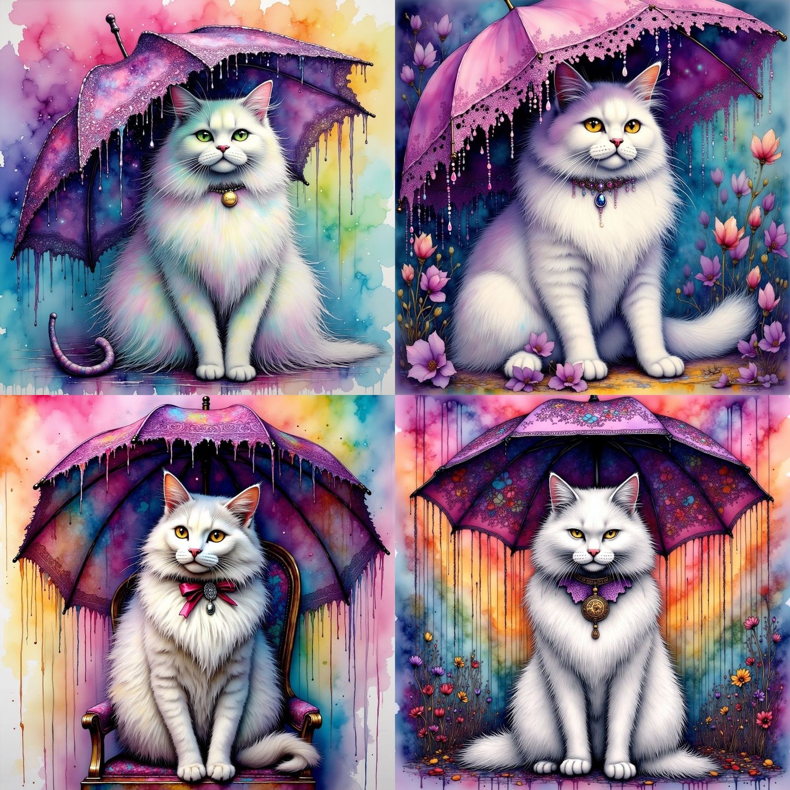 Whimsical White Cat Under a Lavish Umbrella