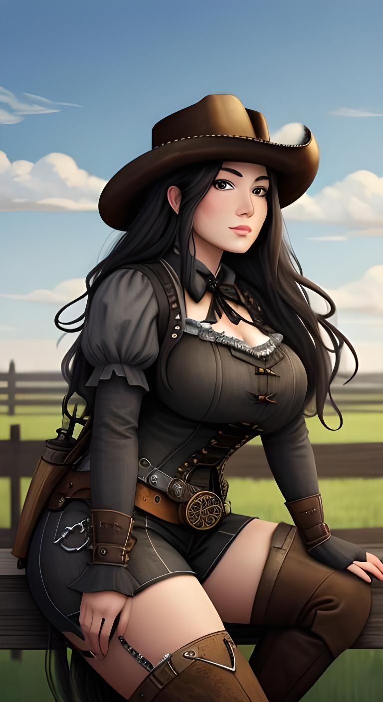 Steampunk Cowgirl on Fence with Horses