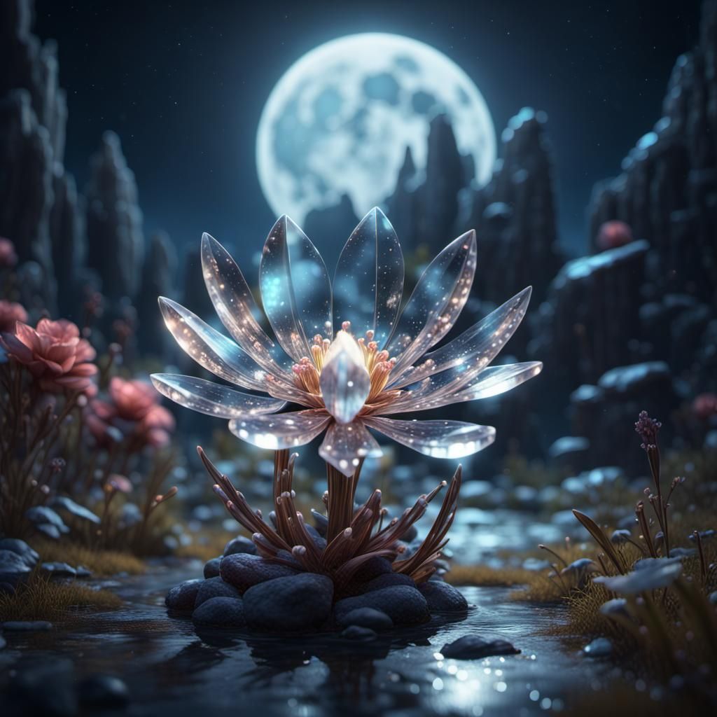 Shimmering Crystal Flower in Moonlight: Fantasy Art