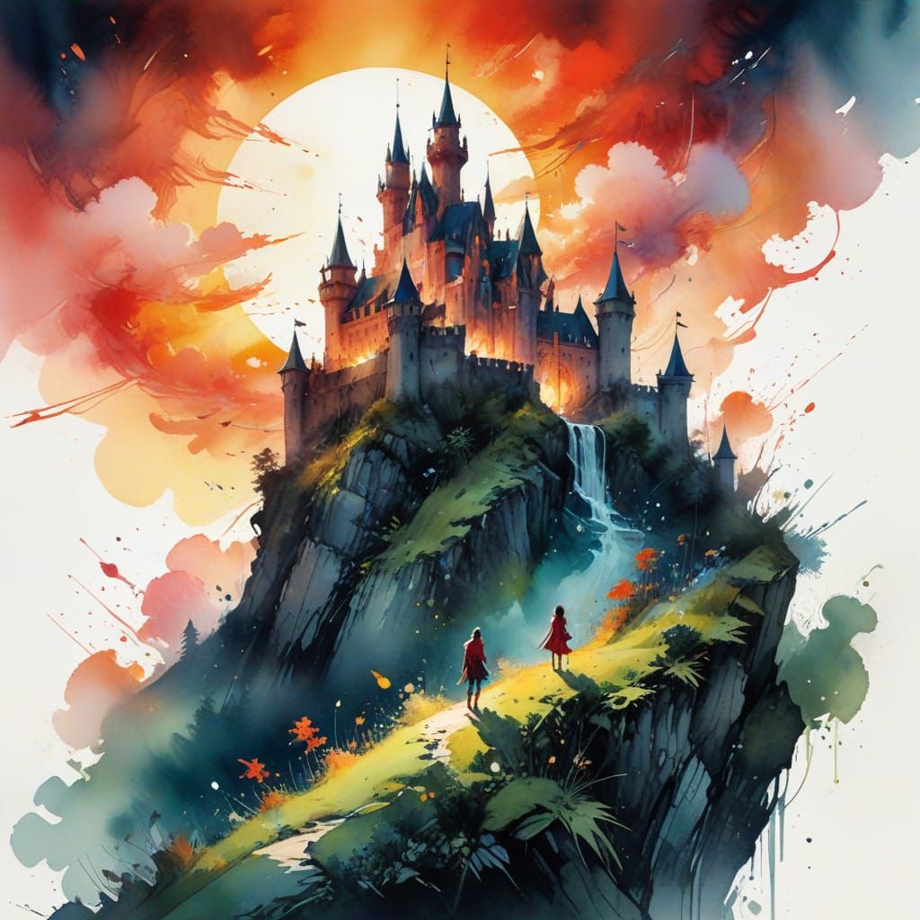 Enchanted Castle Silhouetted Against Vibrant Sunset