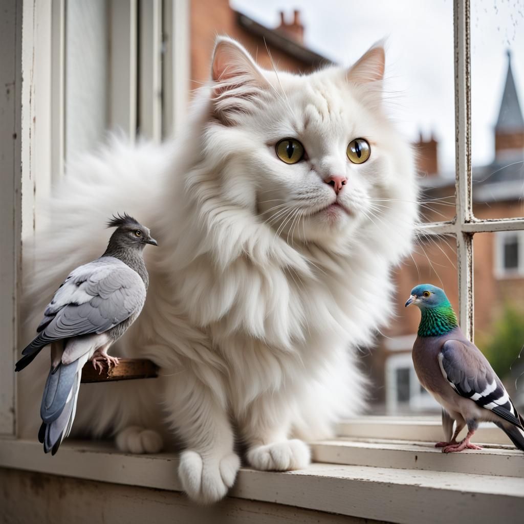 Curious Cat Gazing at Pigeon Through Window