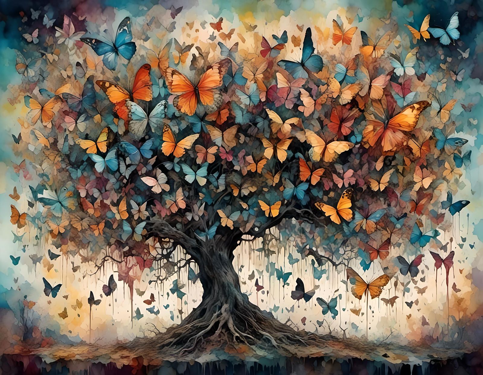 Grotesque Digital Butterfly Garden in Watercolor Style