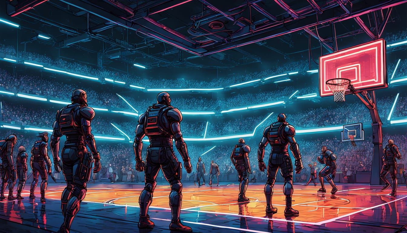Cyborgs Play Basketball in Cyberpunk Comic Art