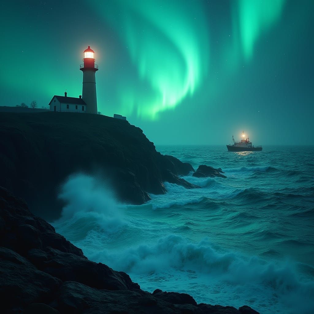 Lighthouse Under Northern Lights: Cinematic Seascape