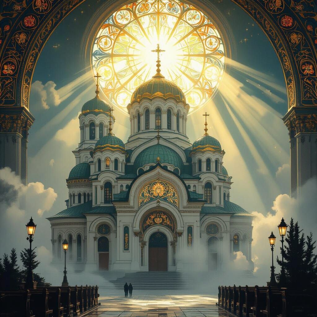 Byzantine Church in Dense Fog, Art Nouveau Style