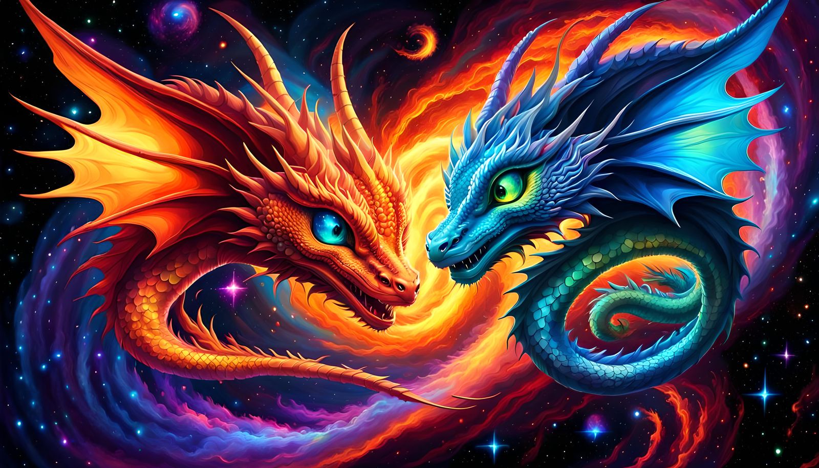 Cosmic Chibi Dragons Racing Through Nebula