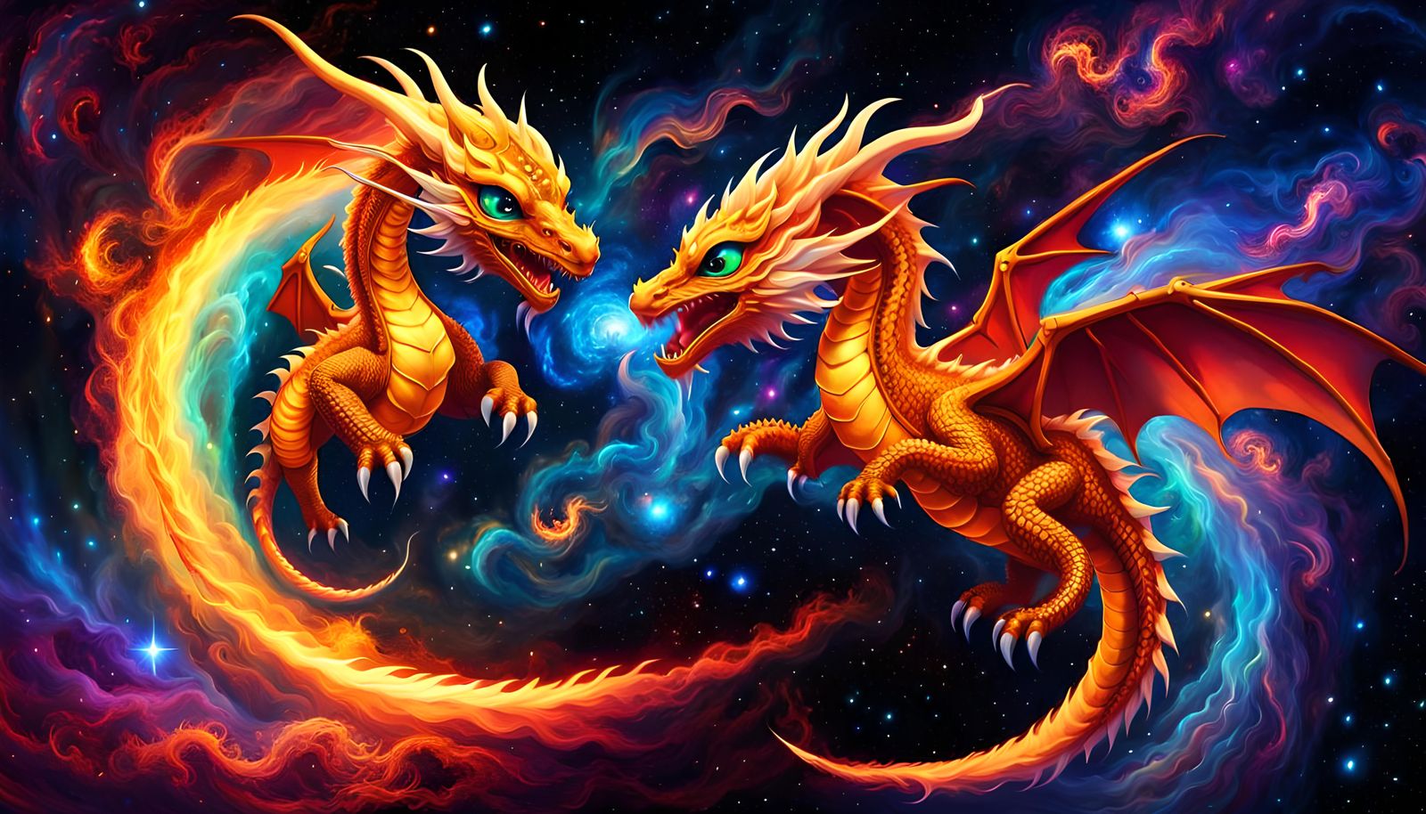 Cosmic Chibi Dragons Dancing in Starry Nebula